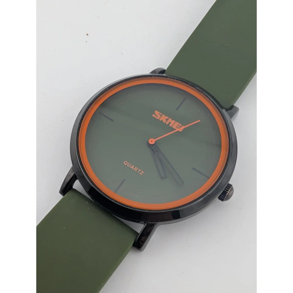SKMEI Men's Watch Olive Green Silicone Band Black Orange Accents- New Battery